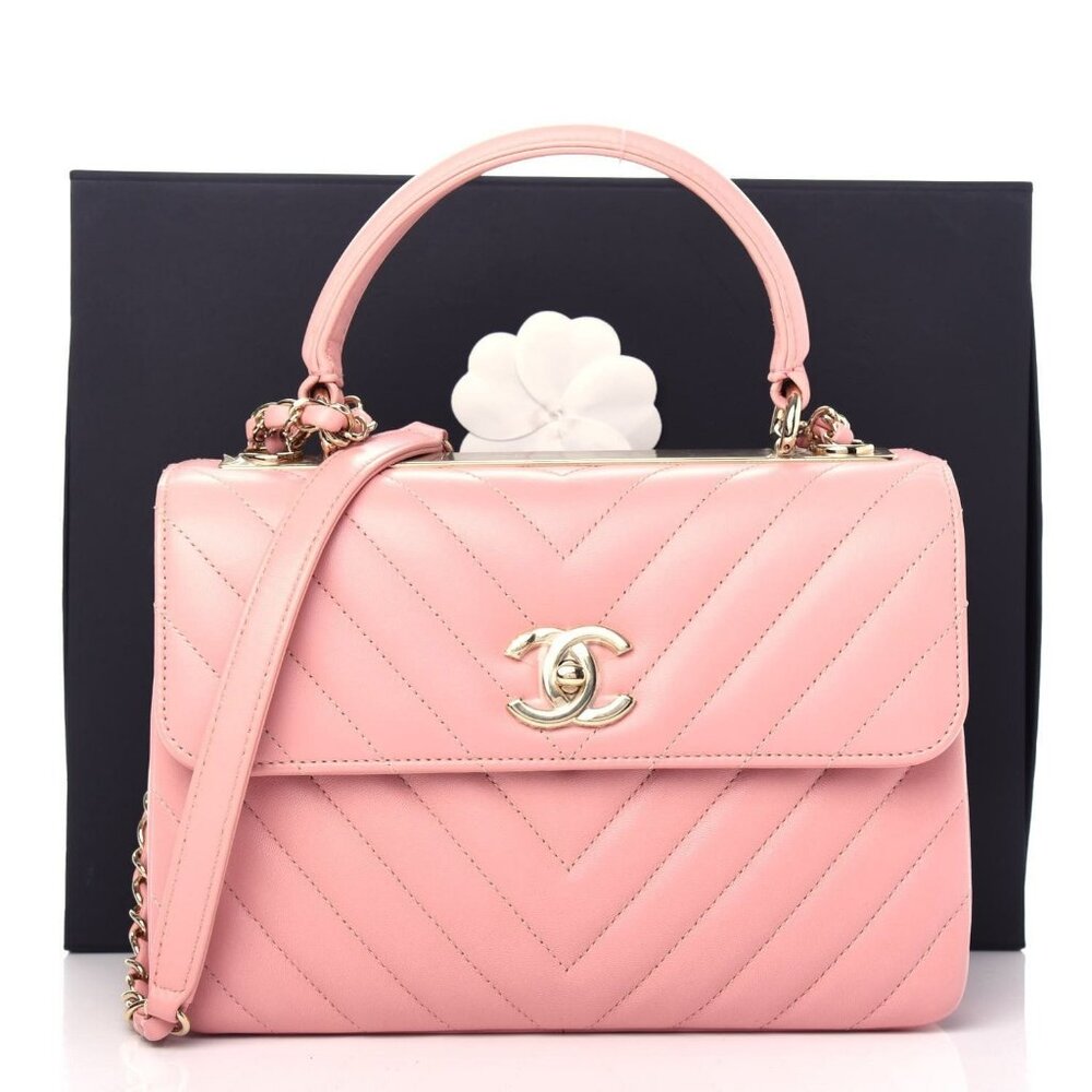 Authentic CHANEL Trendy Chevron Lambskin Quilted Dual Handle Flap Bag Pink Tote - Picture 2 of 12